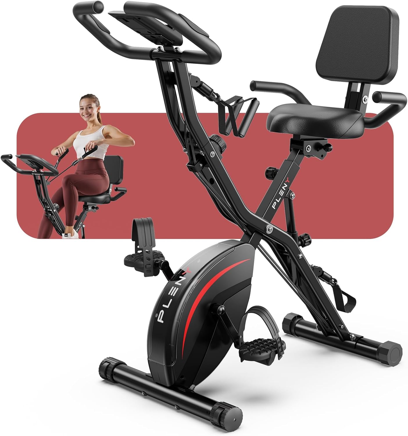 Pleny Folding Exercise Bike, 5 IN 1 Stationary Bike 5.5 LBS Flywheel Exercise Bike, Indoor Workout Bike 330LB Weight Capacity Back Support Cushion for Home Gym Workout