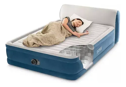 Colchon Inflable Intex Queen Dura-beam Con Cabecera Y Bomba Color Gris Con Azul