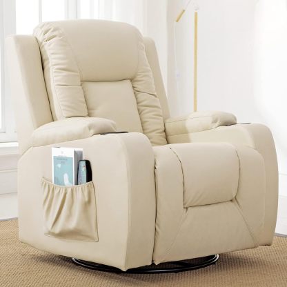 COMHOMA - Silla reclinable de Piel con calefacción y Masaje ergonómico Giratorio de 360 Grados, Soporte para Bebidas para sofá Individual, Silla de Sala de Estar, Color Negro