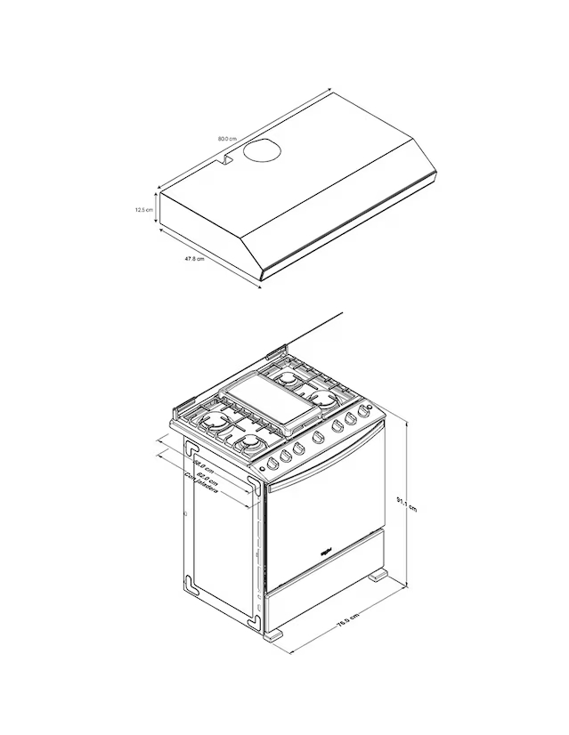 WHIRLPOOL  Combo estufa de piso a gas LP/natural 76 cm CWFR5200D-H de 6 quemadores + campana
