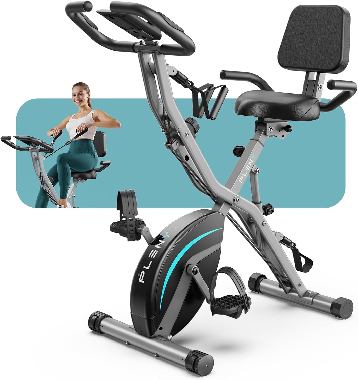 Pleny Folding Exercise Bike, 5 IN 1 Stationary Bike 5.5 LBS Flywheel Exercise Bike, Indoor Workout Bike 330LB Weight Capacity Back Support Cushion for Home Gym Workout