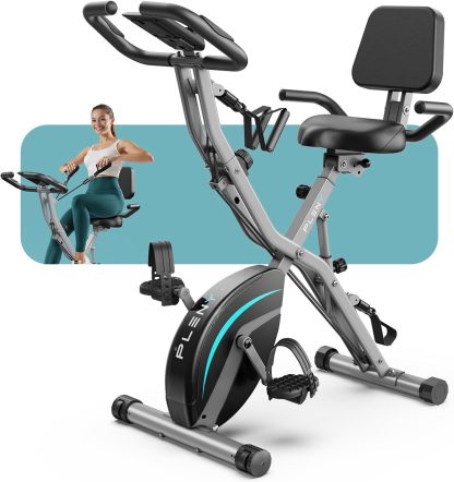 Pleny Folding Exercise Bike, 5 IN 1 Stationary Bike 5.5 LBS Flywheel Exercise Bike, Indoor Workout Bike 330LB Weight Capacity Back Support Cushion for Home Gym Workout