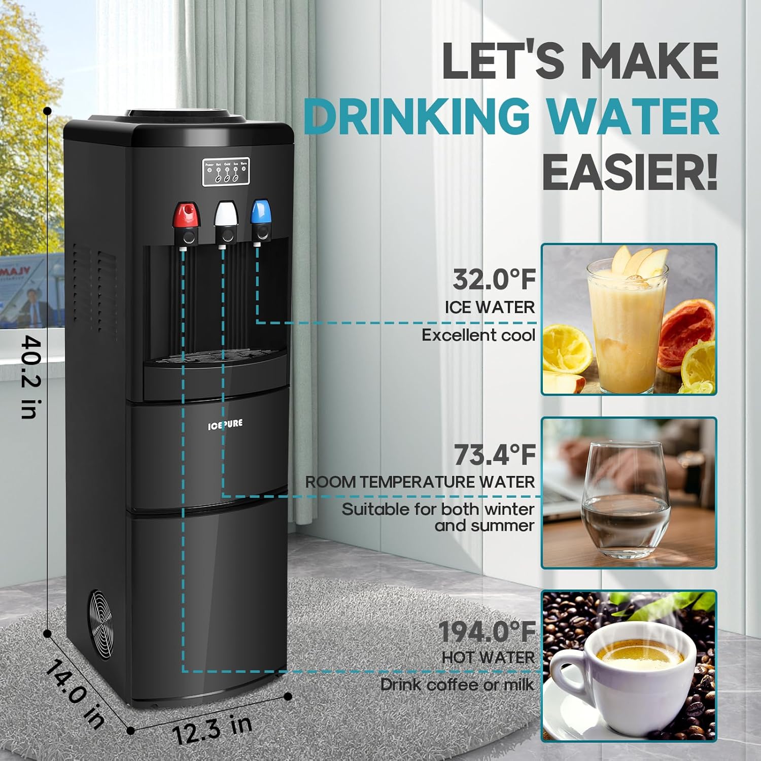 ICEPURE - Dispensador de agua 3 en 1 con máquina de hielo integrada, agua caliente y fría temperatura y hielo bala, carga superior de 2, 3 o 5 galones, 24 libras por máquina de hielo de 24 horas,