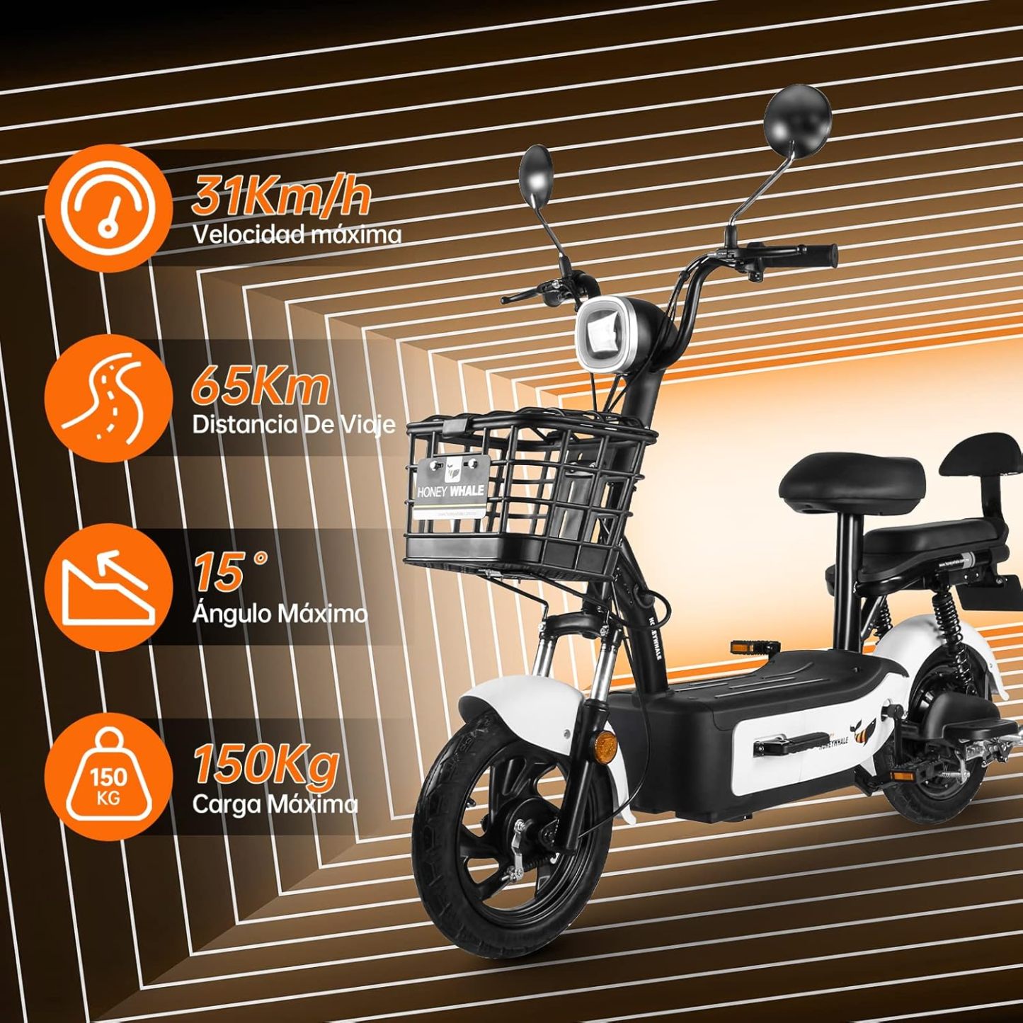 HONEYWHALE U1s Bicicleta Electrica para Adultos, Bicimoto Eléctrica con Alarma, Máxima del Motor 650W, Velocidad Máxima 31KM/H, Autonomía 60-65KM, Baterías de Gran Capacidad de 20AH, Dos Asientos