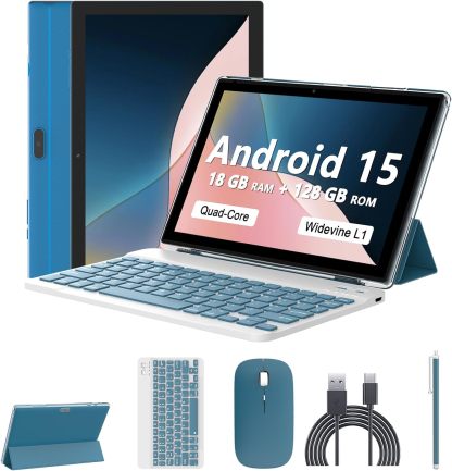 Tablet Android 15 de 10 pulgadas, 18 GB de RAM+128 GB de ROM/2 TB expandible, tabletas 2 en 1 con funda de teclado, lápiz capacitivo de mouse, procesador de cuatro núcleos de 2.0 GHz, visualización