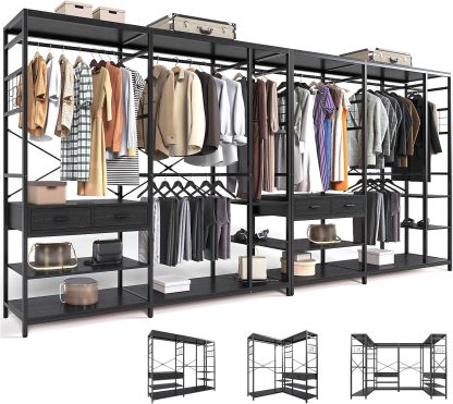 Simple Wisdom Closet Armables Para Ropa,2M Perchero Para Ropa Esquina en Forma de L,Closet Para Ropas Con 2 Cajones de Madera,Rack Para Ropas Con 5 Estantes Abiertos (Negro)