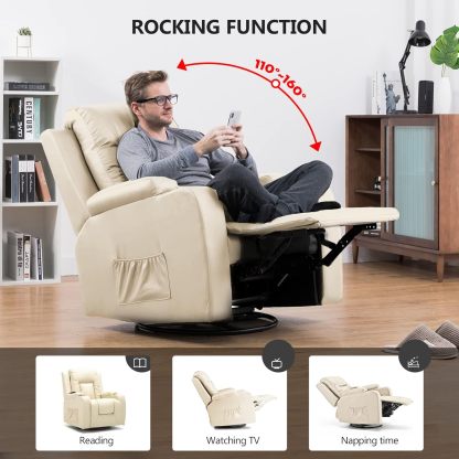 COMHOMA - Silla reclinable de Piel con calefacción y Masaje ergonómico Giratorio de 360 Grados, Soporte para Bebidas para sofá Individual, Silla de Sala de Estar, Color Negro