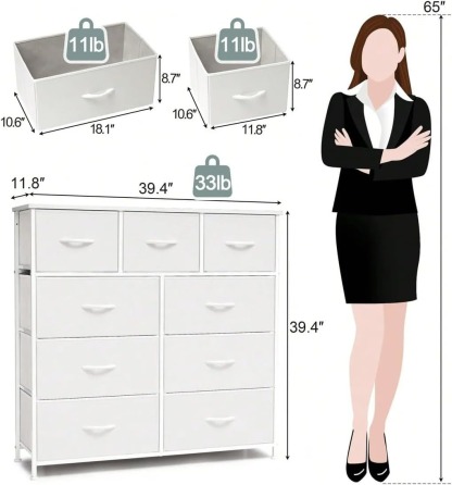 BRO A SIS Cómoda Alta de 9 Cajones para Recámara y Closet, Mueble Organizador de Ropa y Juguetero para Bebé, Cajonera de Tela con Estante de Madera, Torre de Almacenamiento Vertical (Blanco)