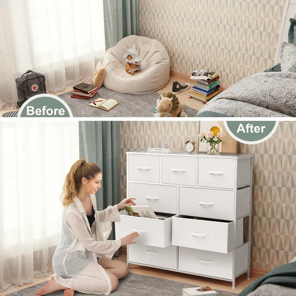 BRO A SIS Cómoda Alta de 9 Cajones para Recámara y Closet, Mueble Organizador de Ropa y Juguetero para Bebé, Cajonera de Tela con Estante de Madera, Torre de Almacenamiento Vertical (Blanco)
