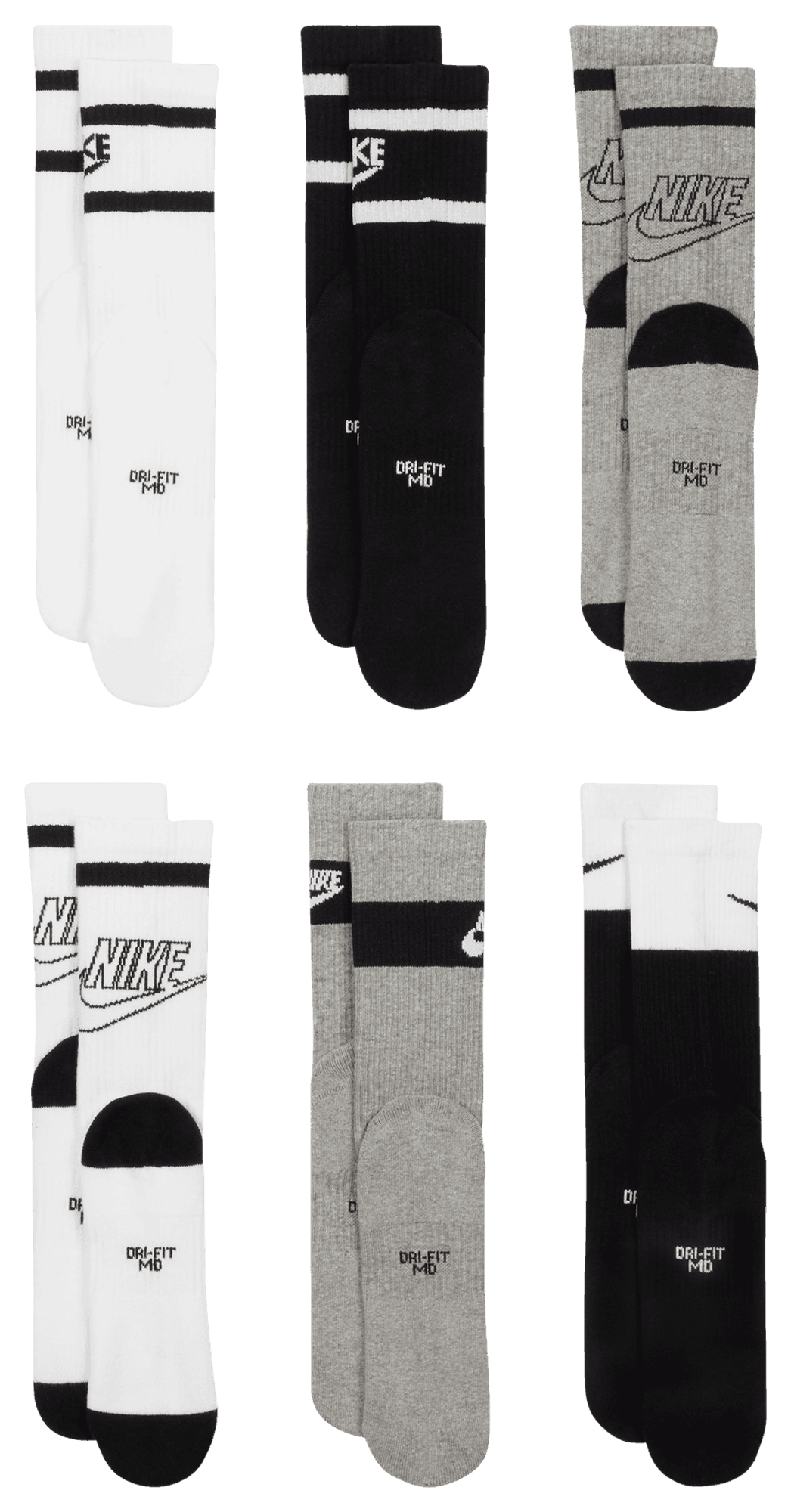 Nike GFX 6 Pack Crew Socks - Grey/Black/White - Image 4