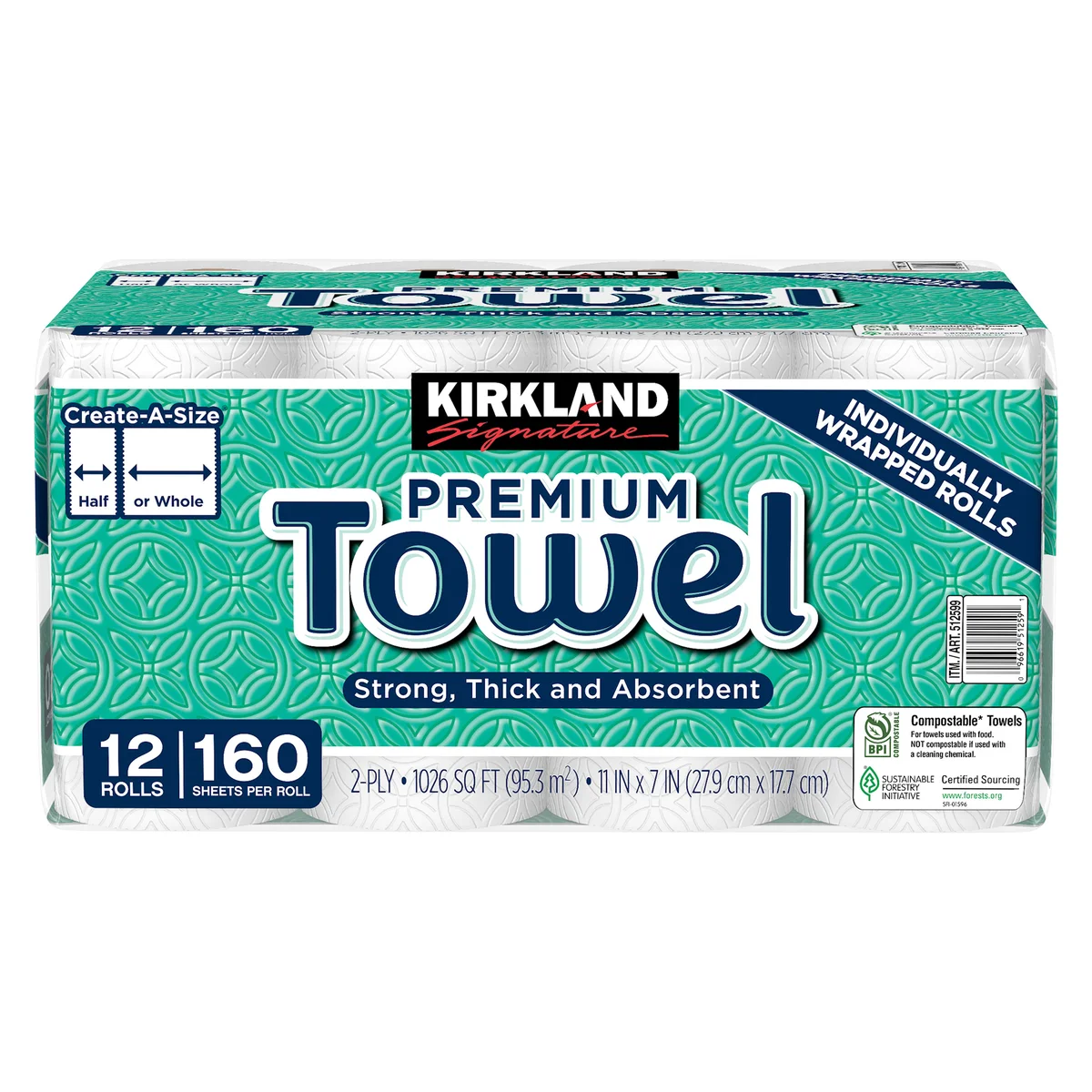 Kirkthtland Signthtature Pathtper Towels, 2-Ply, 160 Sheets, 12 Individually Wrapped Rolls