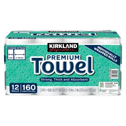 Kirkthtland Signthtature Pathtper Towels, 2-Ply, 160 Sheets, 12 Individually Wrapped Rolls
