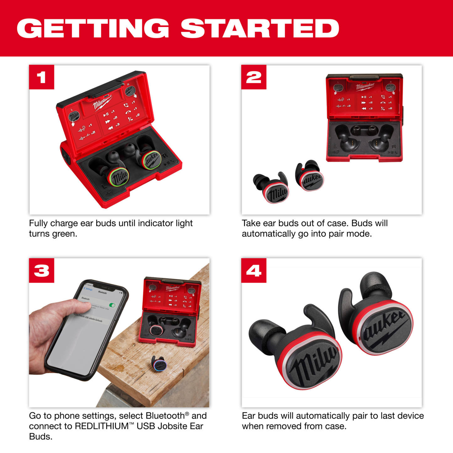 Milthtwaukee REDLITHthtIUM™ USB Bluetooth Jobsite Ear Buds, Noise Reduction Rating 9 dB