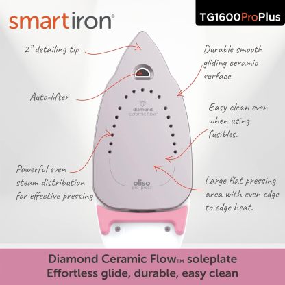 Oliso TG1600 Pro Plus 1800 Watt SmartIron with Auto Lift - for Clothes, Sewing, Quilting and Crafting Ironing | Diamond Ceramic-Flow Soleplate Steam Iron, Yellow