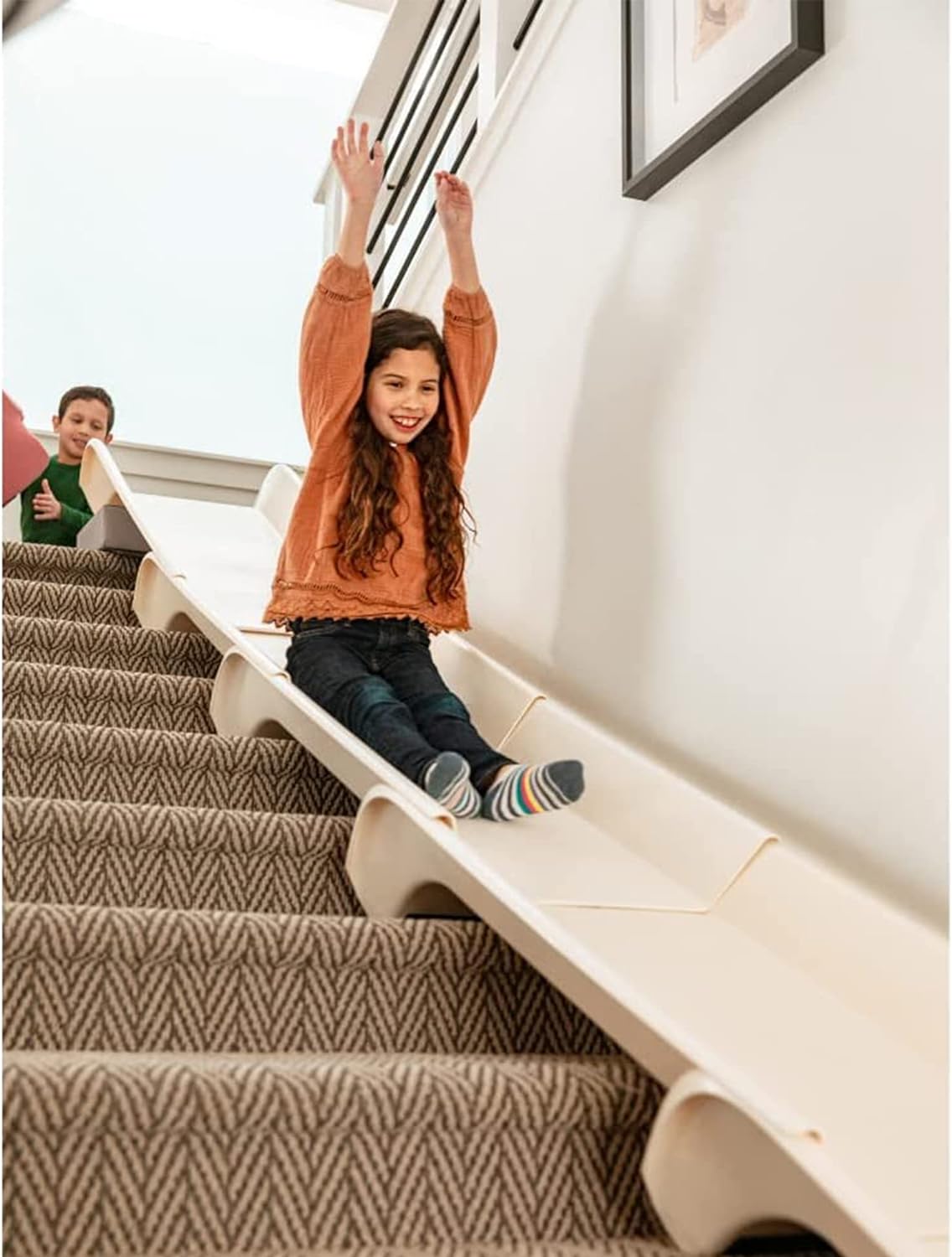 Stairslide Original Stair Mounted Kids Indoor Home Staircase Slide Playset with Self Anchoring Non Slip Grips for 9 to 12 Stairs, Cream