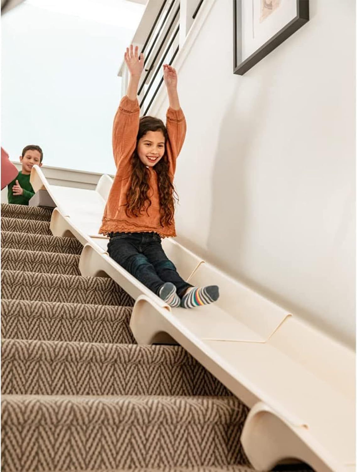 Stairslide Original Stair Mounted Kids Indoor Home Staircase Slide Playset with Self Anchoring Non Slip Grips for 9 to 12 Stairs, Cream