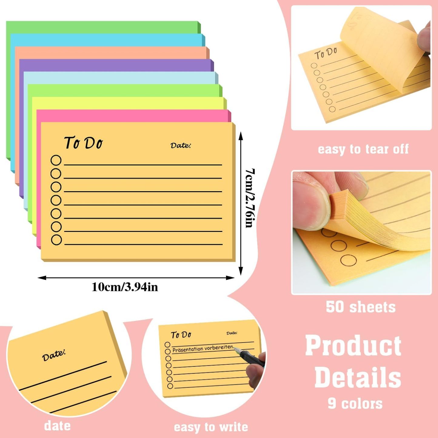 9 Pack to Do List Sticky Notes, Self-Stick Sticky Notes, Colorful Sticky Notes Pad with Lines, Do List Notepads for School Office Meeting Home Plan Reminder Stationery Supplies(450 Sheets,10 * 7cm)