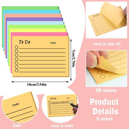9 Pack to Do List Sticky Notes, Self-Stick Sticky Notes, Colorful Sticky Notes Pad with Lines, Do List Notepads for School Office Meeting Home Plan Reminder Stationery Supplies(450 Sheets,10 * 7cm)