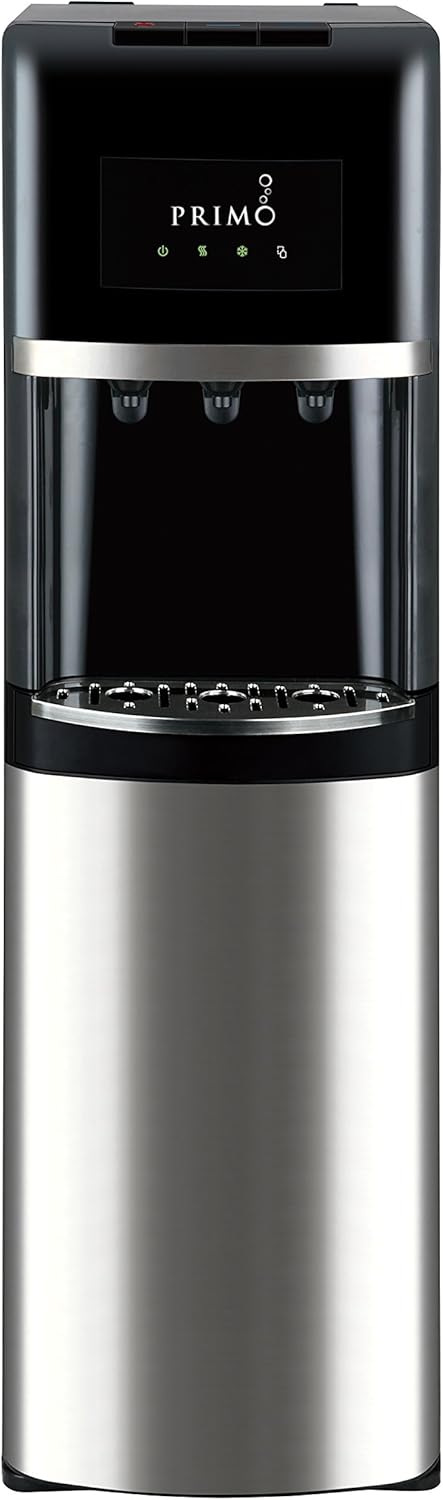Primo Bottom Loading Water Dispenser, 3 Temp (Hot-Cool-Cold) Water Dispenser for 5 Gallon Bottle w/Child-Resistant Safety Feature, Black with Black Stainless Door