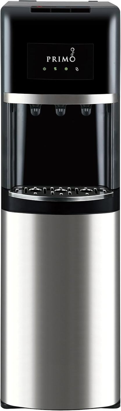 Primo Bottom Loading Water Dispenser, 3 Temp (Hot-Cool-Cold) Water Dispenser for 5 Gallon Bottle w/Child-Resistant Safety Feature, Black with Black Stainless Door