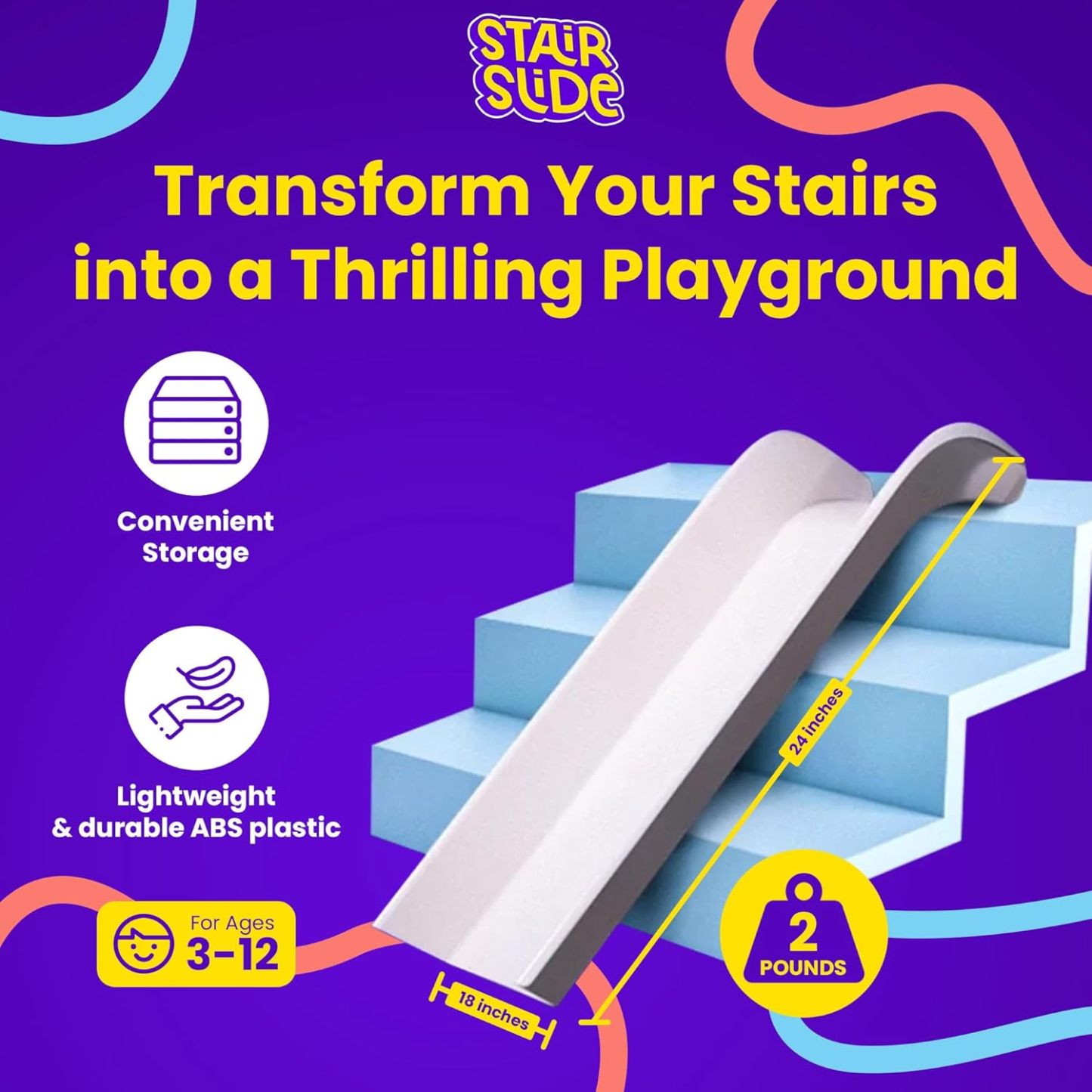 Stairslide Original Stair Mounted Kids Indoor Home Staircase Slide Playset with Self Anchoring Non Slip Grips for 9 to 12 Stairs, Cream