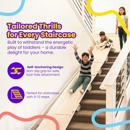 Stairslide Original Stair Mounted Kids Indoor Home Staircase Slide Playset with Self Anchoring Non Slip Grips for 9 to 12 Stairs, Cream