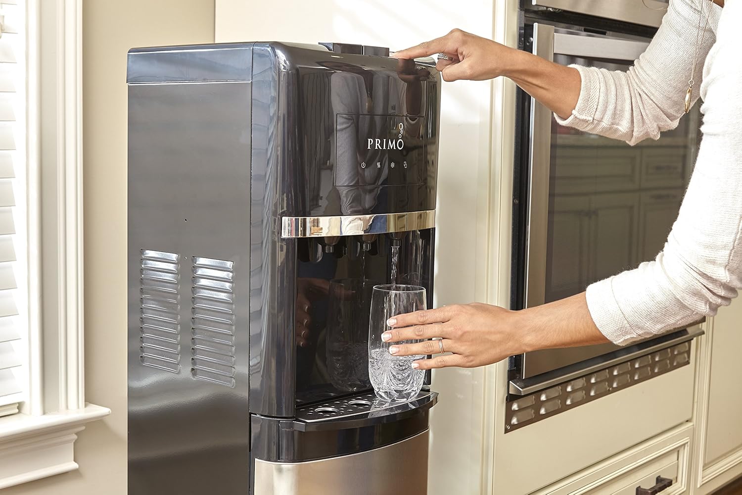 Primo Bottom Loading Water Dispenser, 3 Temp (Hot-Cool-Cold) Water Dispenser for 5 Gallon Bottle w/Child-Resistant Safety Feature, Black with Black Stainless Door