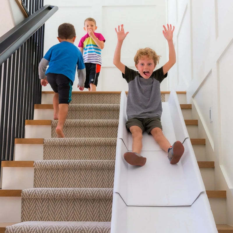 Stairslide Original Stair Mounted Kids Indoor Home Staircase Slide Playset with Self Anchoring Non Slip Grips for 9 to 12 Stairs, Cream