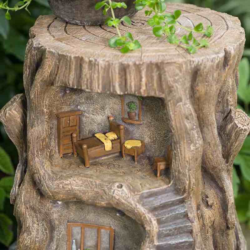Two-Story Fully-Furnished Solar Lighted Fairy House in a Stump