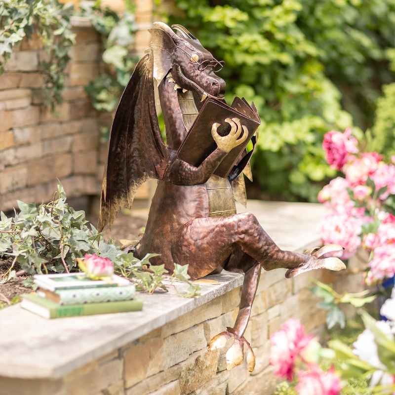 Metal Reading Dragon Sculpture