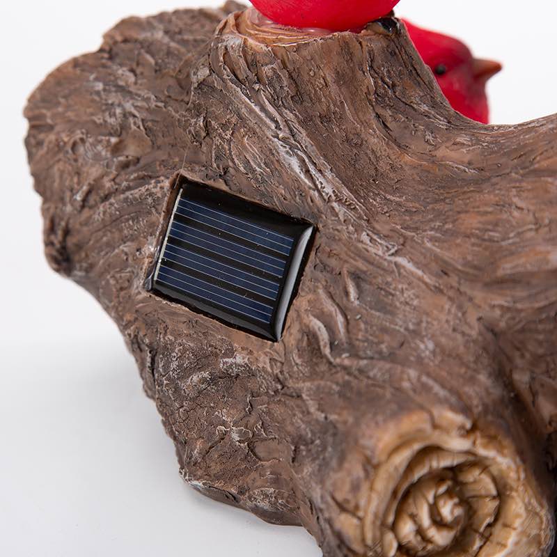 Solar-Lighted Three Cardinals on a Log Outdoor Sculpture