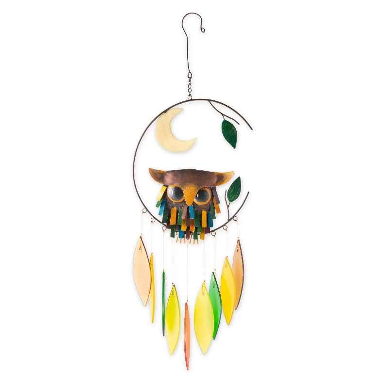Colorful Metal and Glass Owl with Moon Wind Chime