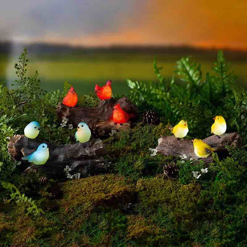 Solar-Lighted Three Bluebirds on a Log Outdoor Sculpture - View 2