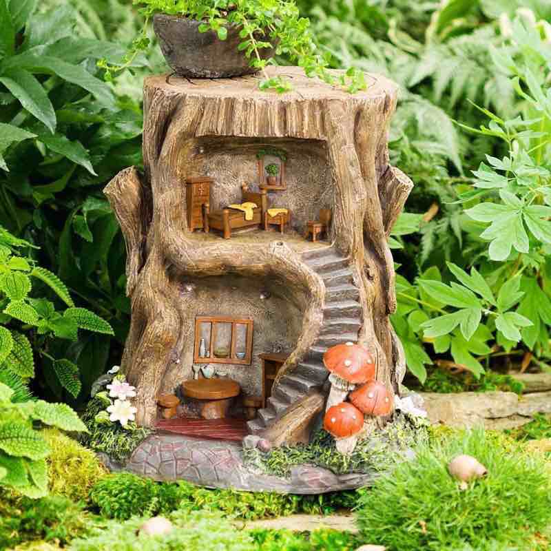 Two-Story Fully-Furnished Solar Lighted Fairy House in a Stump - View 2