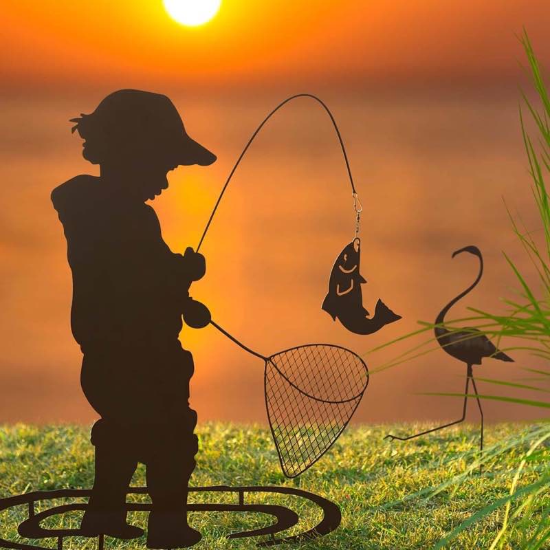 Boy Fishing Silhouette Metal Garden Stake - View 2