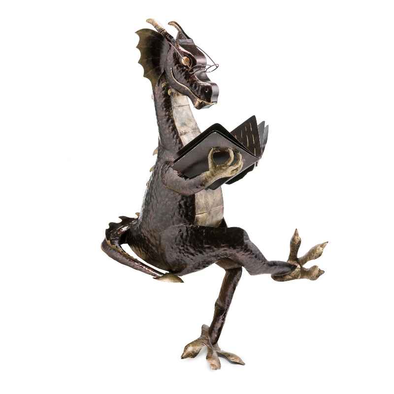 Metal Reading Dragon Sculpture - View 3