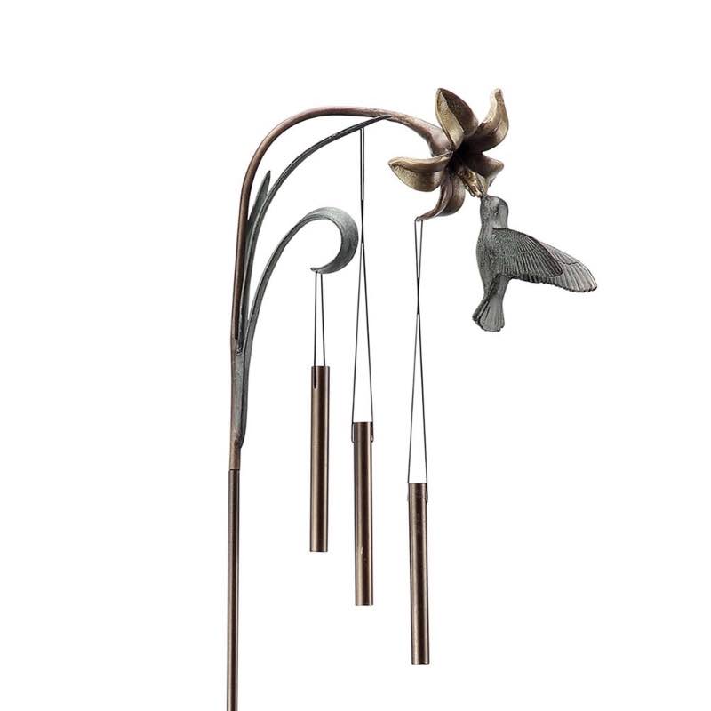 Cast Iron and Aluminum Hummingbird and Flower Wind Chime Stake w/Bronze-Colored and Verdigris Finish - View 2