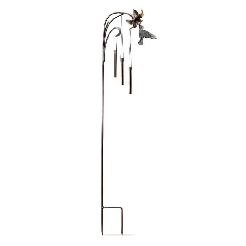 Cast Iron and Aluminum Hummingbird and Flower Wind Chime Stake w/Bronze-Colored and Verdigris Finish - View 3