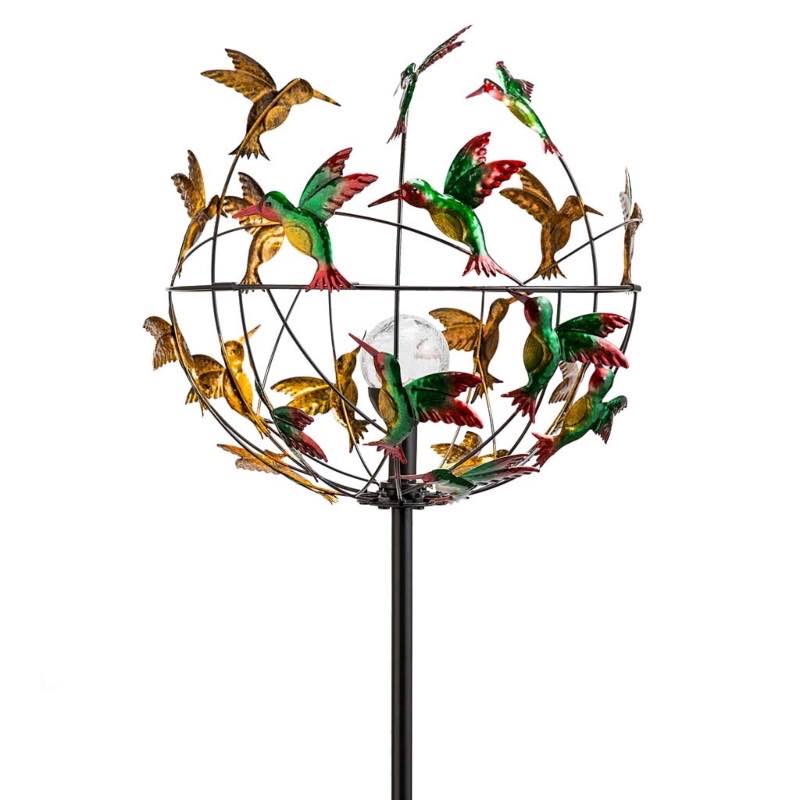 Metal Hummingbird Wind Spinner with Color-Changing Solar Orb - View 2