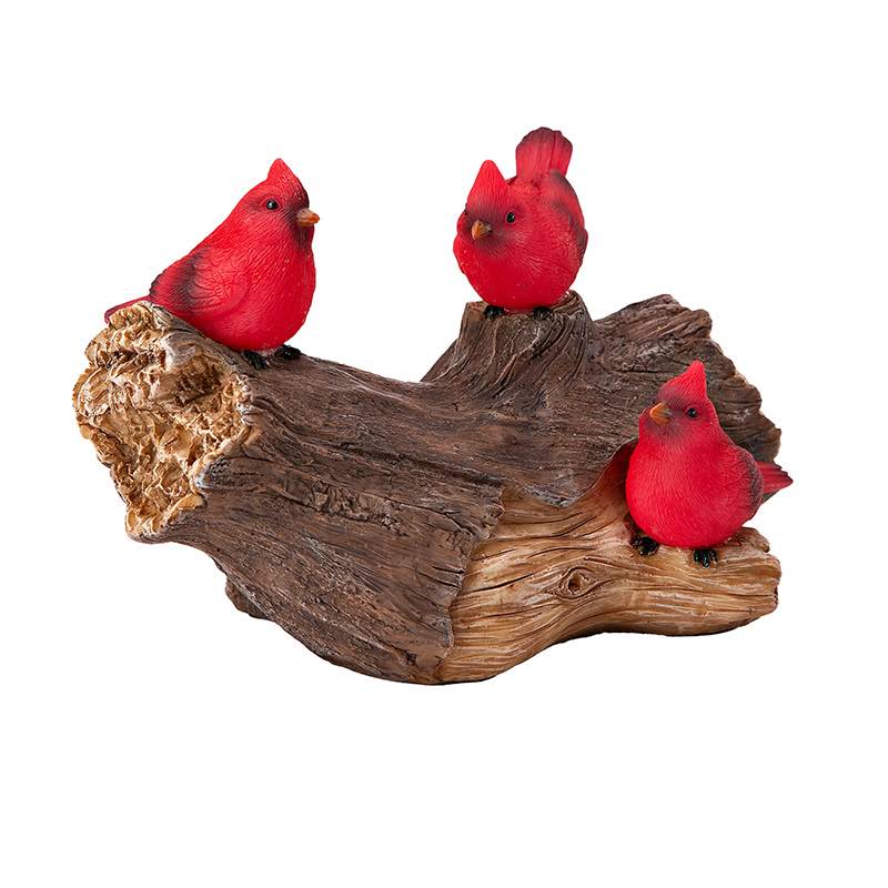 Solar-Lighted Three Cardinals on a Log Outdoor Sculpture - View 2