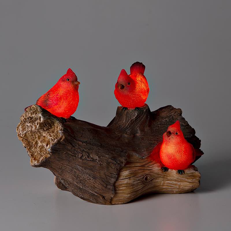 Solar-Lighted Three Cardinals on a Log Outdoor Sculpture - View 3