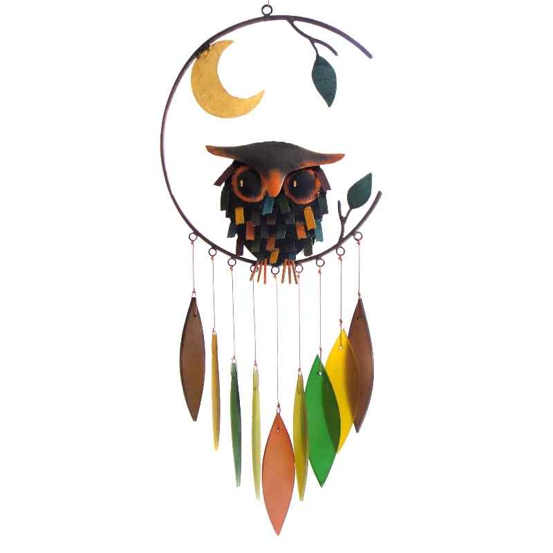 Colorful Metal and Glass Owl with Moon Wind Chime - View 2