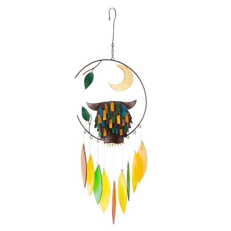 Colorful Metal and Glass Owl with Moon Wind Chime - View 5