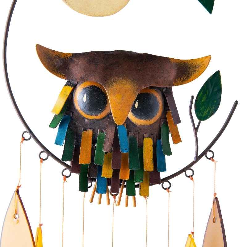 Colorful Metal and Glass Owl with Moon Wind Chime - View 7
