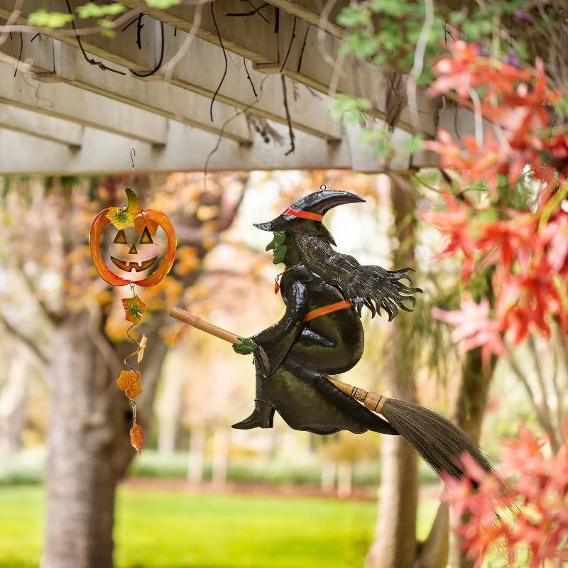 Handcrafted Metal Flying Witch on Broom Hanging Mobile - View 2