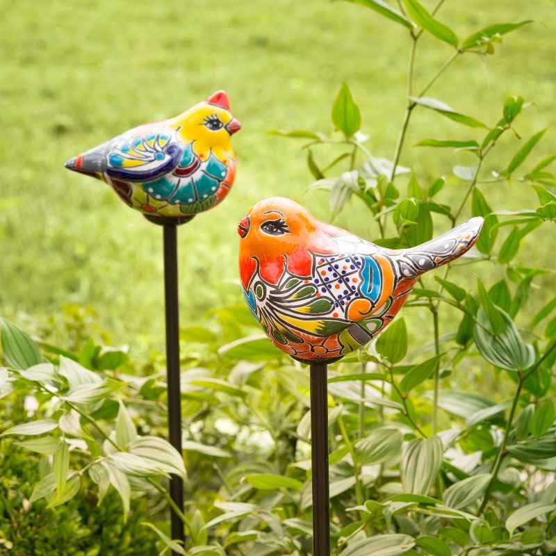 Handcrafted Talavera-Style Ceramic Bird Decorative Garden Stake - Orange - View 2