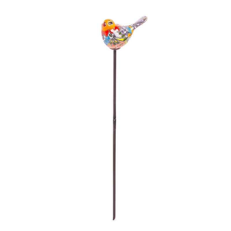 Handcrafted Talavera-Style Ceramic Bird Decorative Garden Stake - Orange - View 3