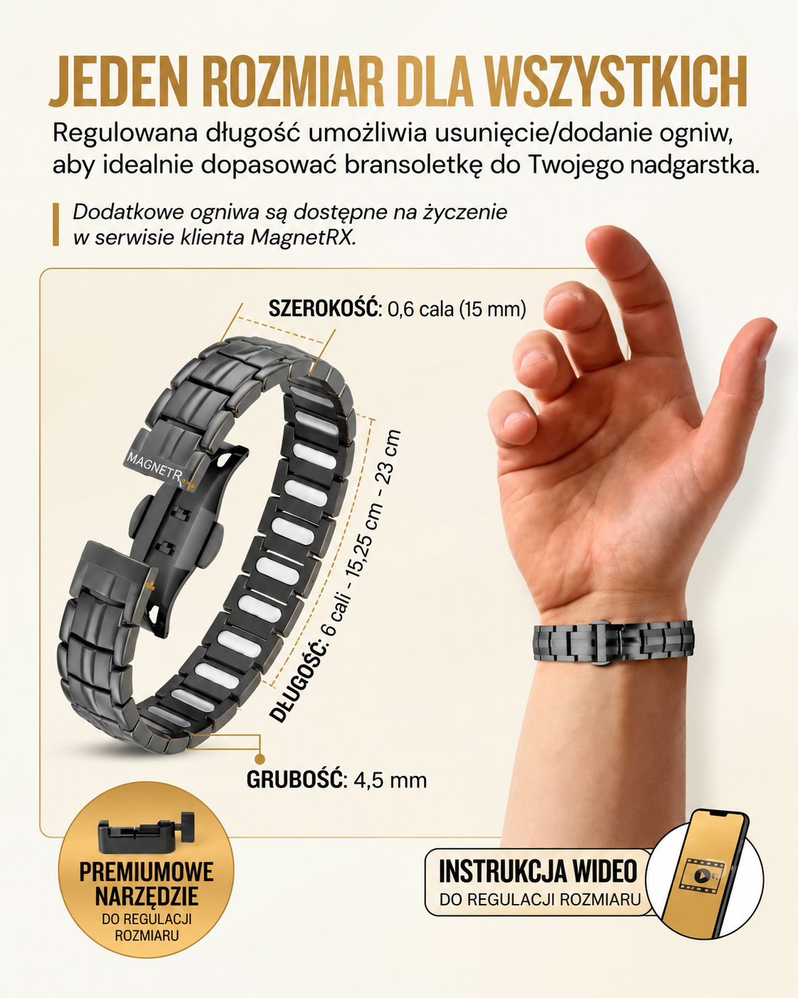 🧲 Magnetyczna bransoletka terapeutyczna MagnetRX® Premium z tytanu dla mężczyzn | 5 magnesów EllipseMAX, siła magnetyczna 5000 gausów | Opatentowany w USA projekt 🇺🇸 | Regulowana długość
