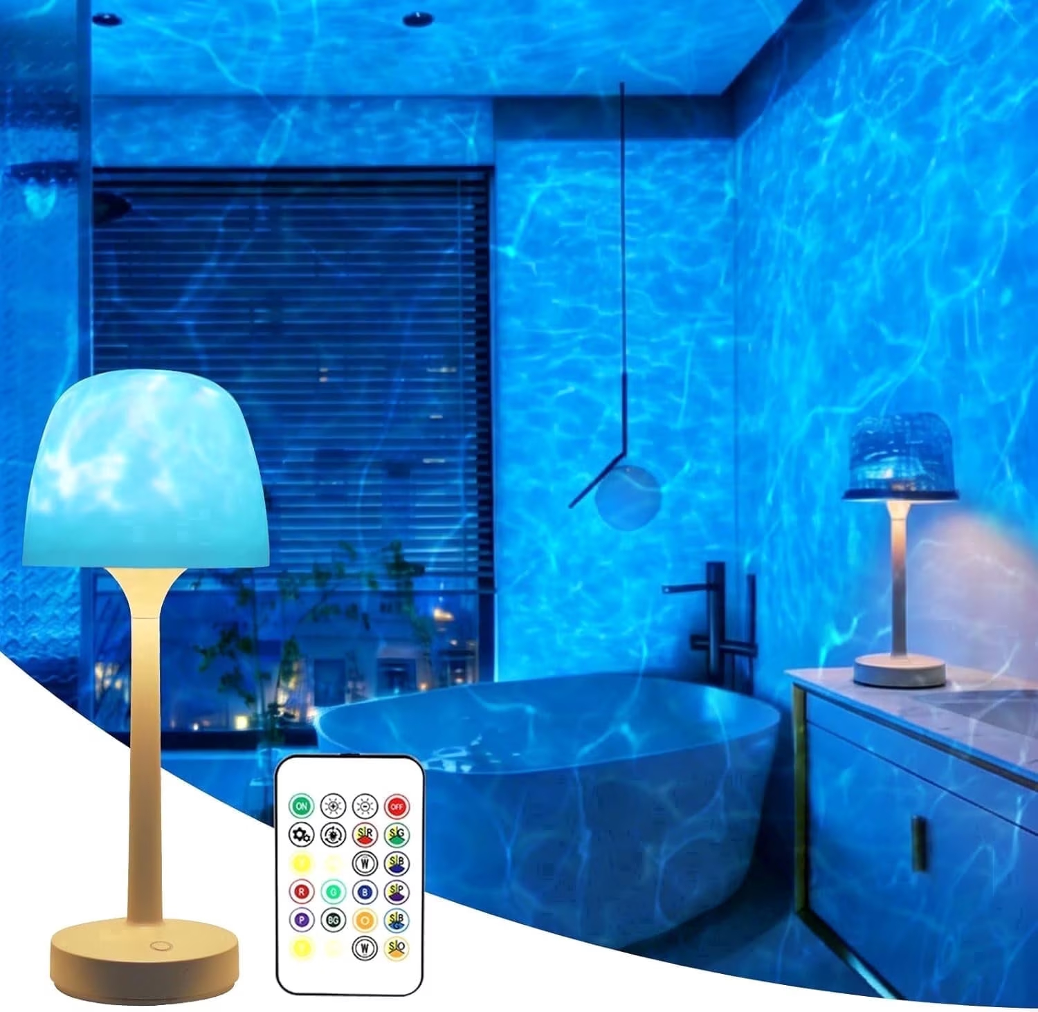 Alficedo Cordless Shower Lights, Waterproof Bathroom Lamps with 16 Color Remote, LED Ocean Wave Projector for Shower and Bath