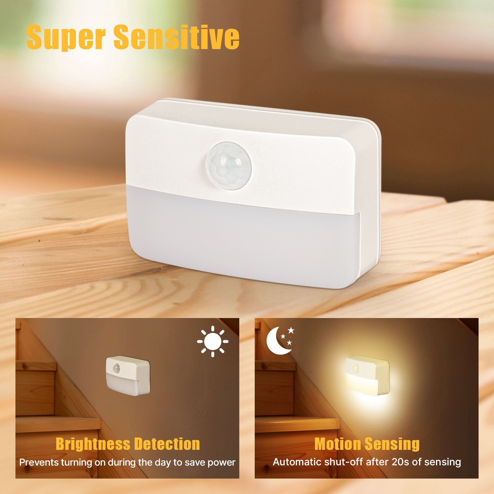 Motion Sensor Stair Lights Indoor, Battery Operated Night Lights, Warm White Stick on Anywhere LED Lamps, Portable Lighting for Hallway Bedroom Under Cabinet Kitchen